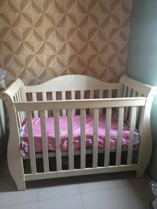 WOODEN BABY COT WITH FITTED BABY MATTRESS, 4FT BY 2FT 4INCHES